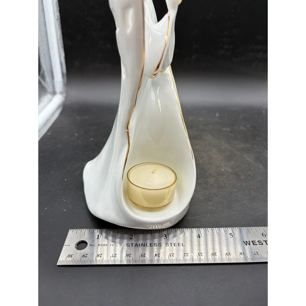 Fine Porcelain Praying Angel Tea Light Candle Holder White Gold Trim 7.5 Inch